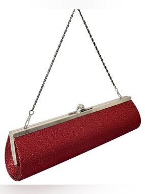 Crystal Rhinestone Clutch Deep Red Silver Frame Evening Bag Chain Strap Formal